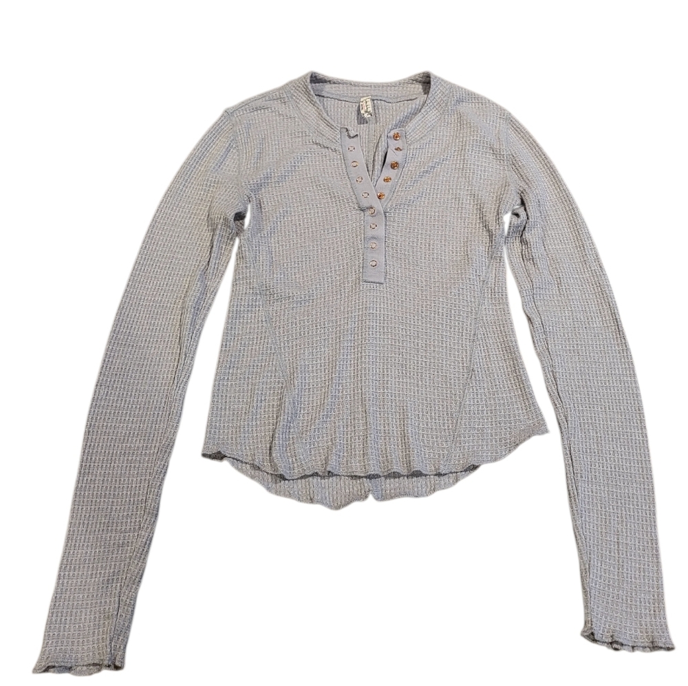 Free People Light Gray Waffle Knit Long Sleeve Top Size S